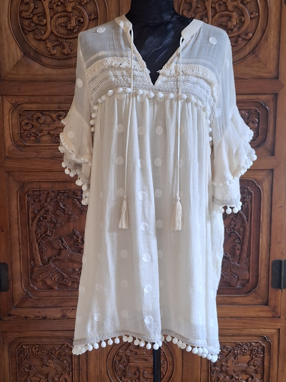 Harper Ivory Pom-Pom Boho Tunic Minidress
